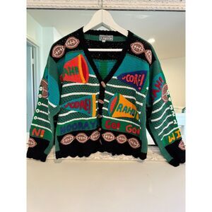 Vintage Berek Football Theme Crochet Knit Game Day Ugly Cardigan Sweater Small